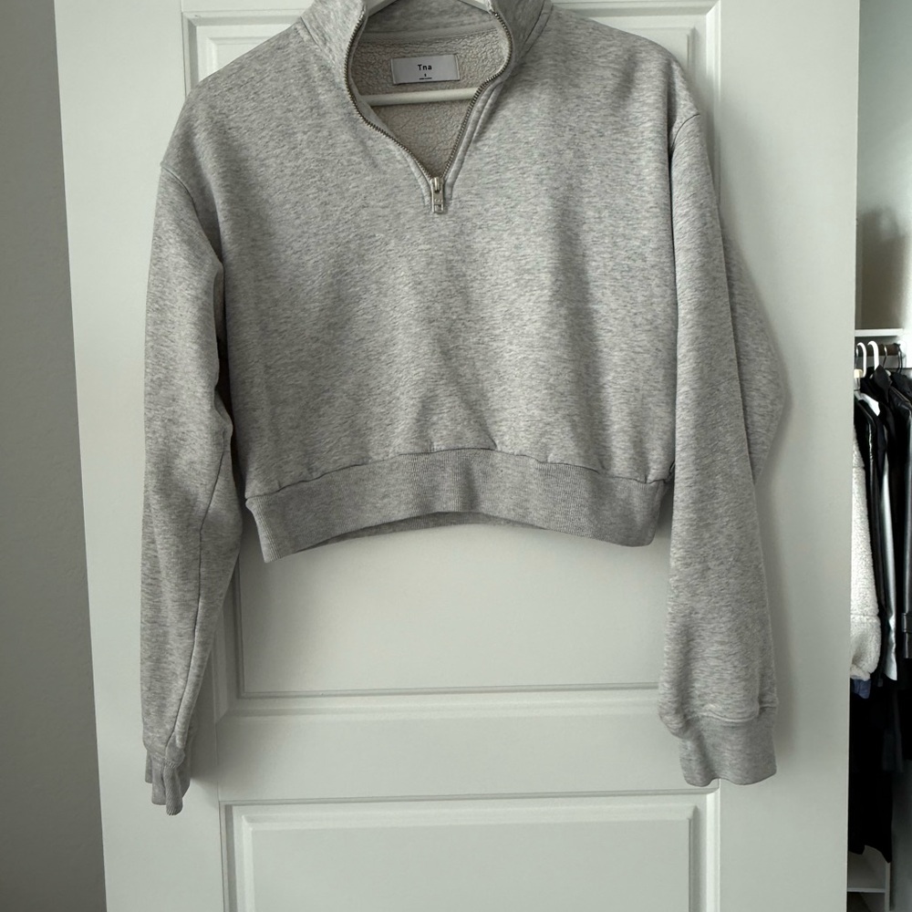 TNA Light Gray Cropped Quarter-Zip Hoodie, Small